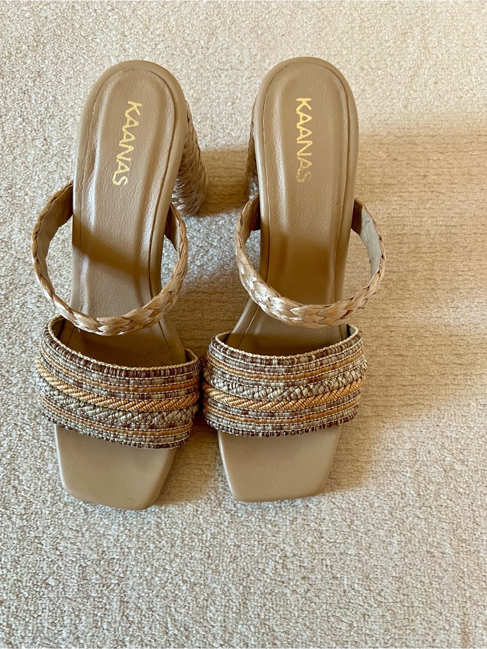 Kaanas Neutral Braided Strappy Block Heel Sandals